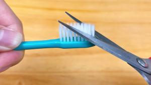Cut the bristles of the toothbrush in half and put it in the kitchen